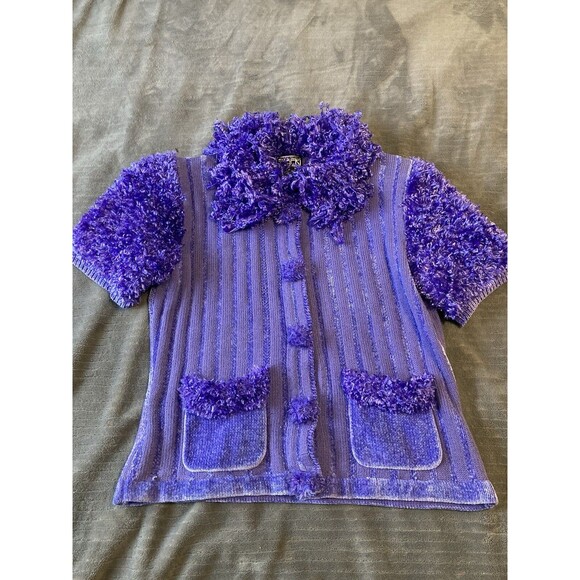 Berek Vintage Sweater Cardigan Purple Frill Y2K Clueless Preppy Unique Sz L - Picture 3 of 8